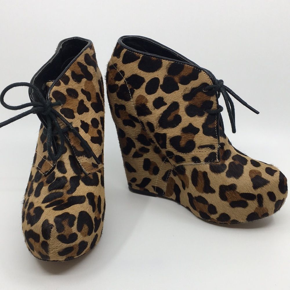 Leopard Print Wedge Ankle Booties - Brown